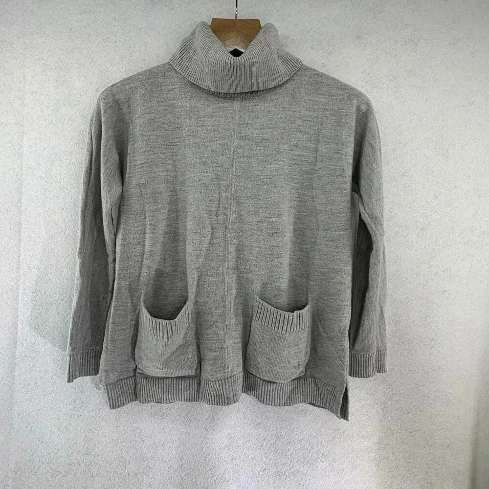 Talbots Small Cowl Neck Sweater Women’s Gray Pullover Pure Merino Wool Pockets‎